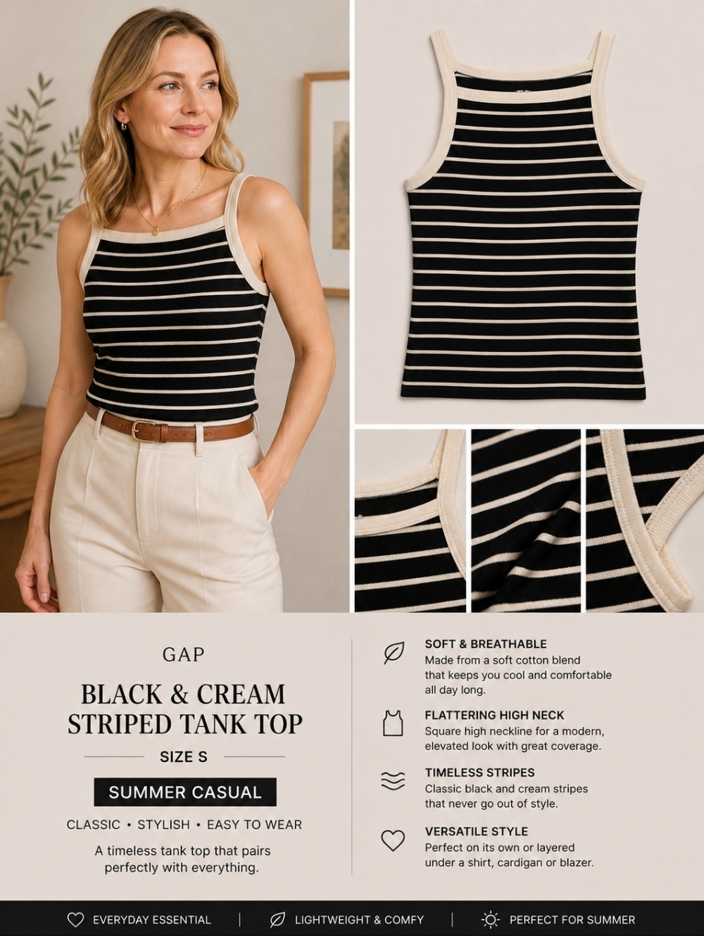 Women's Black & Cream Striped Tank Top Gap Small New with Tags Summer Casual